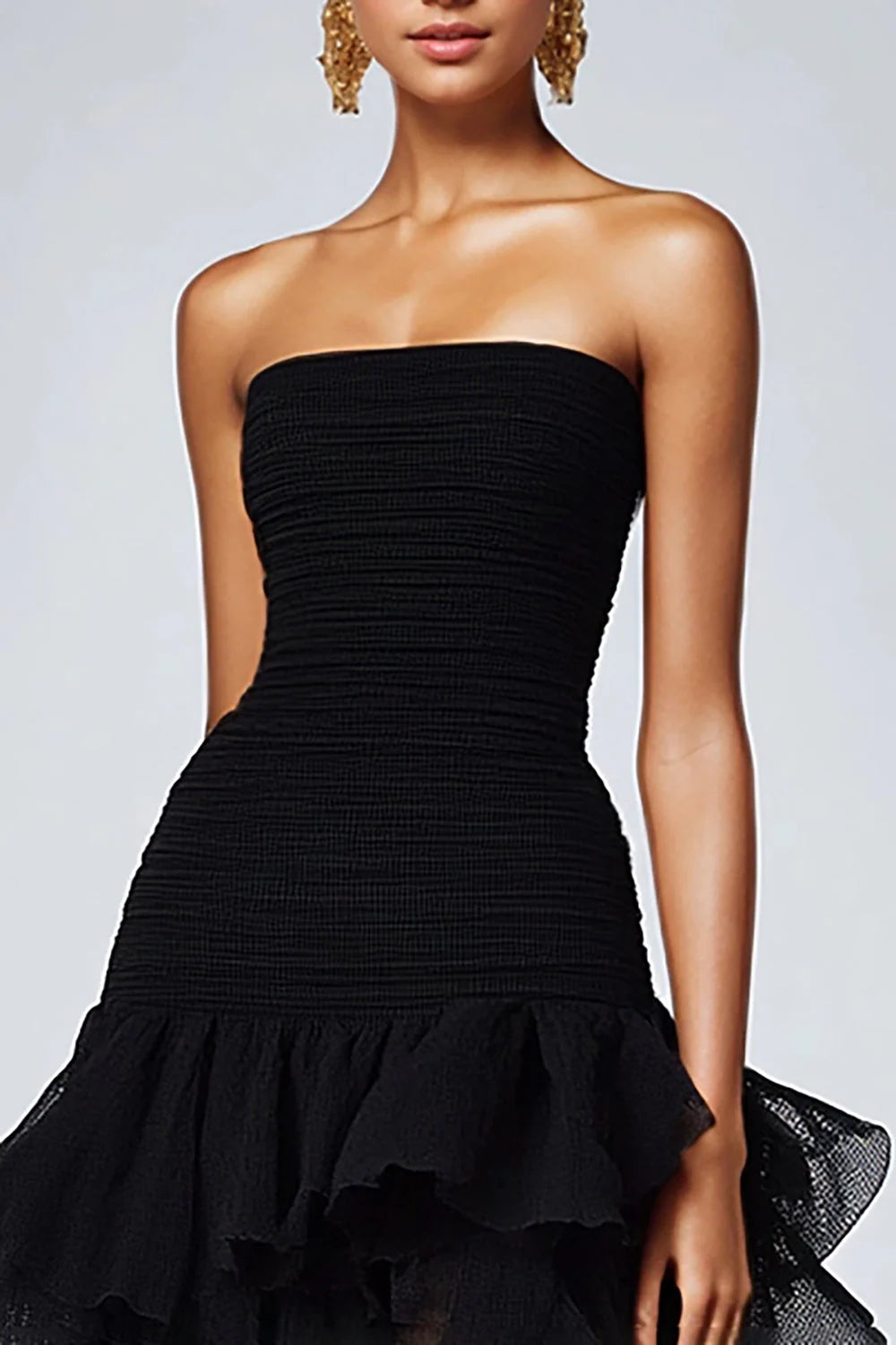 Black Strapless Tiered Ruffles Tulle Formal Dress
